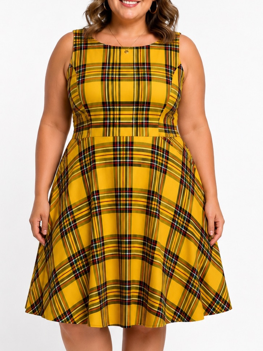 Hampetirs Yellow Plaid Fit & Flare Midi Dress Sleeveless 3XL Cotton Stretch
